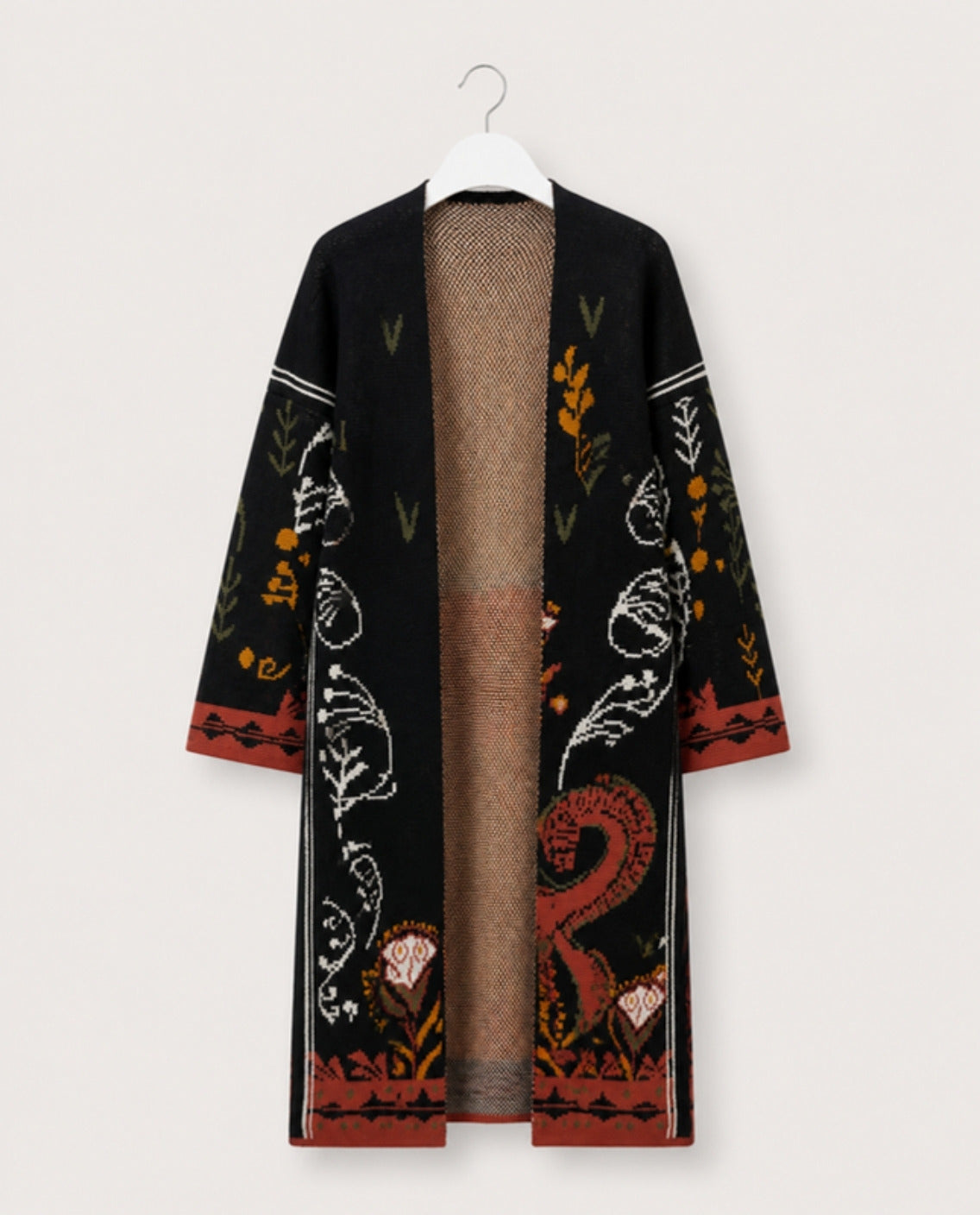 Image of Folk Long Cardigan by Callista, front view on an invisible mannequin | كارديجان فولك الطويل من كاليستا، صورة أمامية