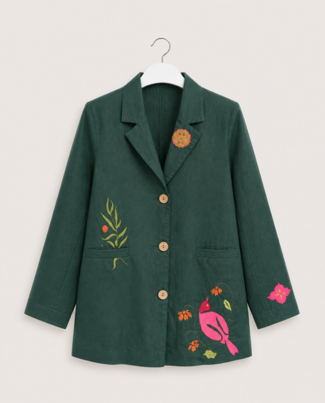 Image of Linen Has Entered The Chat Blazer by Callista, front view on an invisible mannequin | بليزر لينن من كاليستا، صورة أمامية