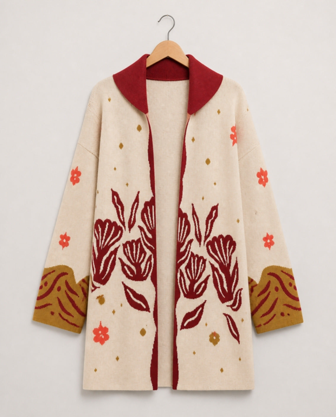Image of Solscape Long Cardigan by Callista, front view on an invisible mannequin | كارديجان سولسكيب الطويل من كاليستا، صورة أمامية