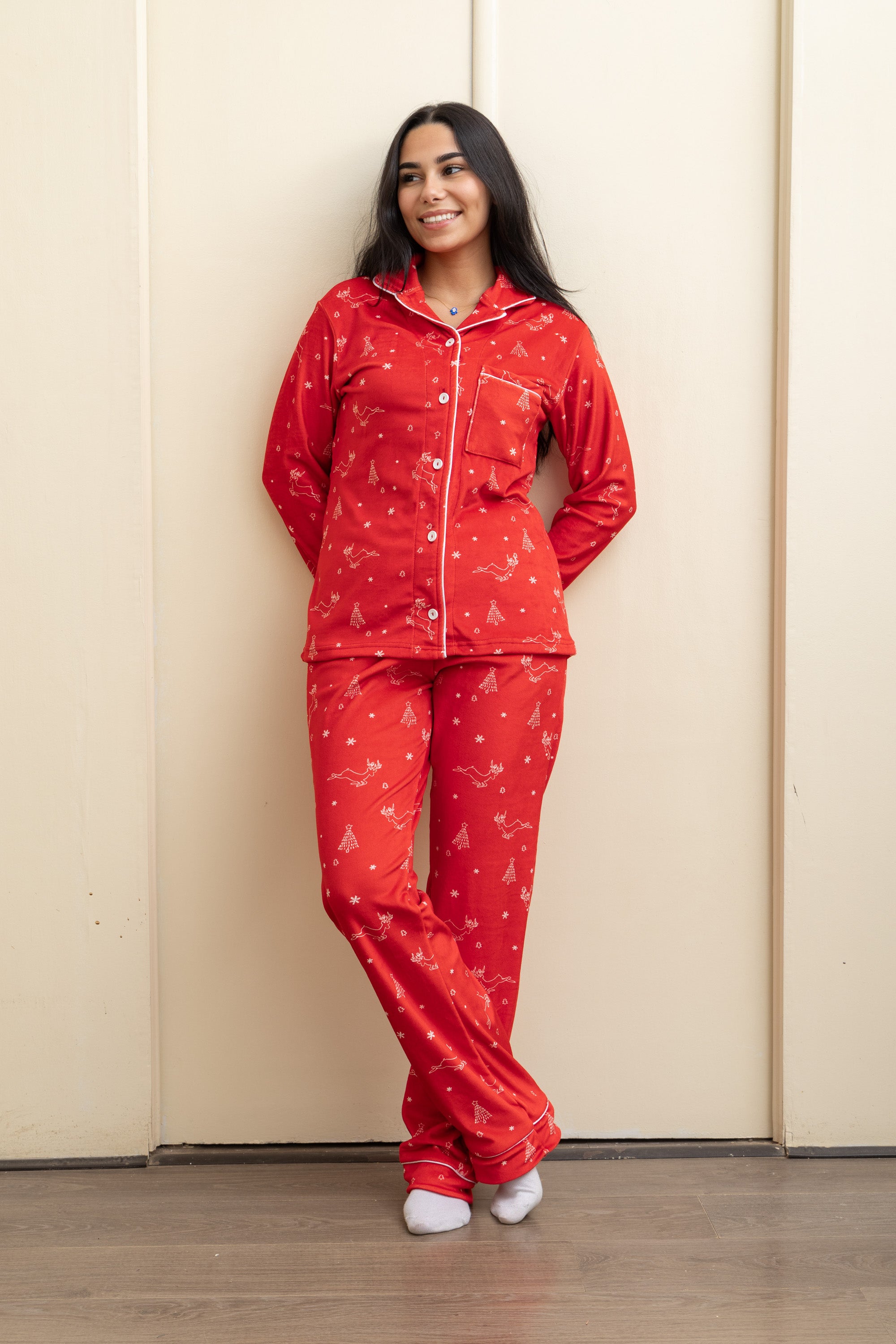 Red Velvet-Touch Christmas Buttoned Pajama