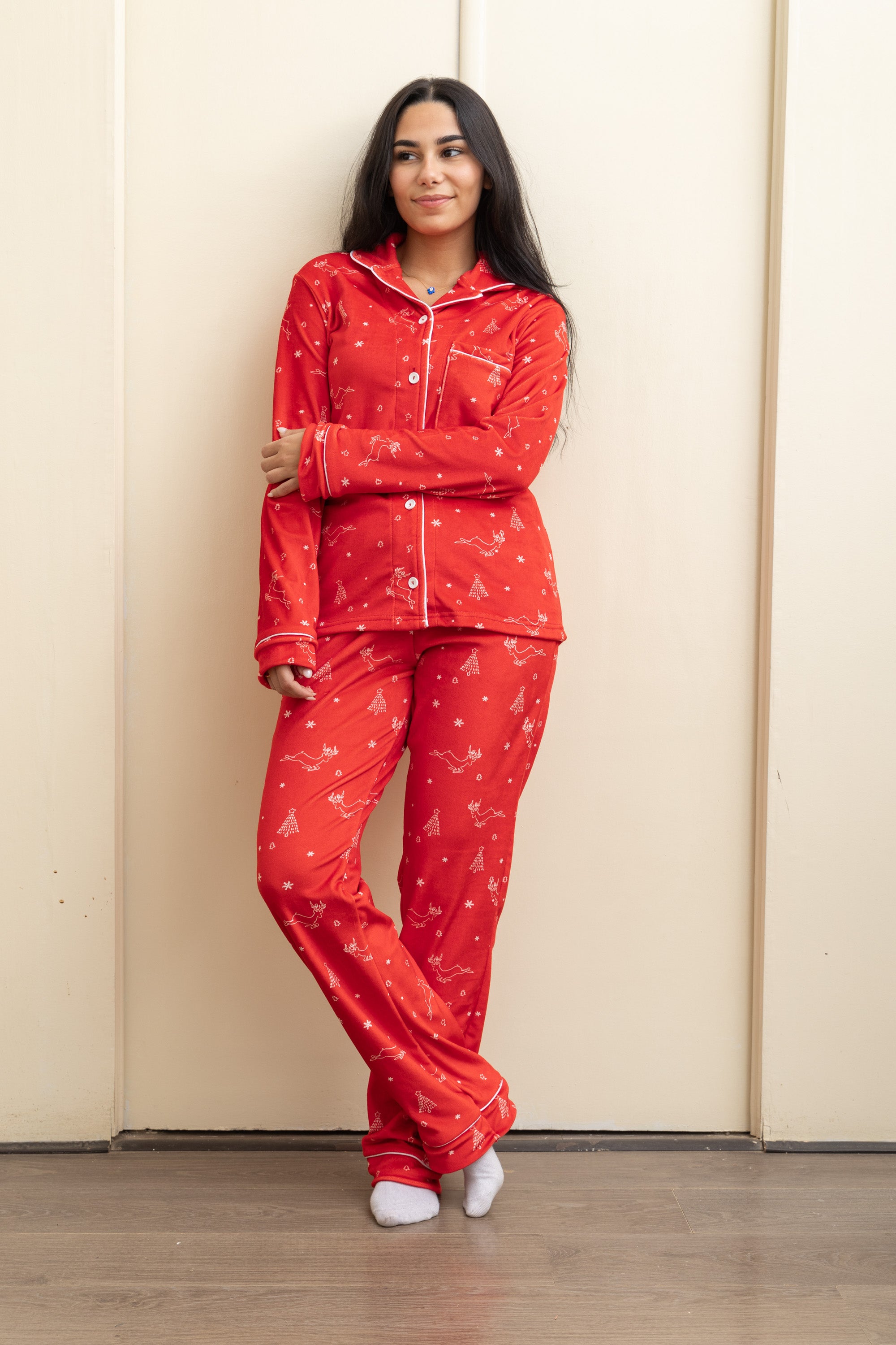 Red Velvet-Touch Christmas Buttoned Pajama