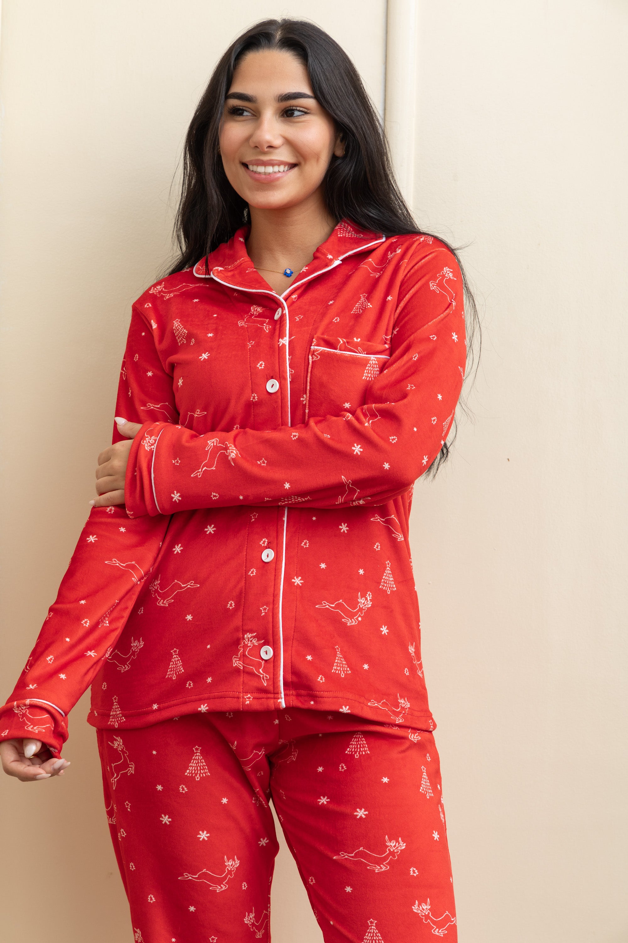 Image of Red Velvet-Touch Christmas Buttoned Pajama