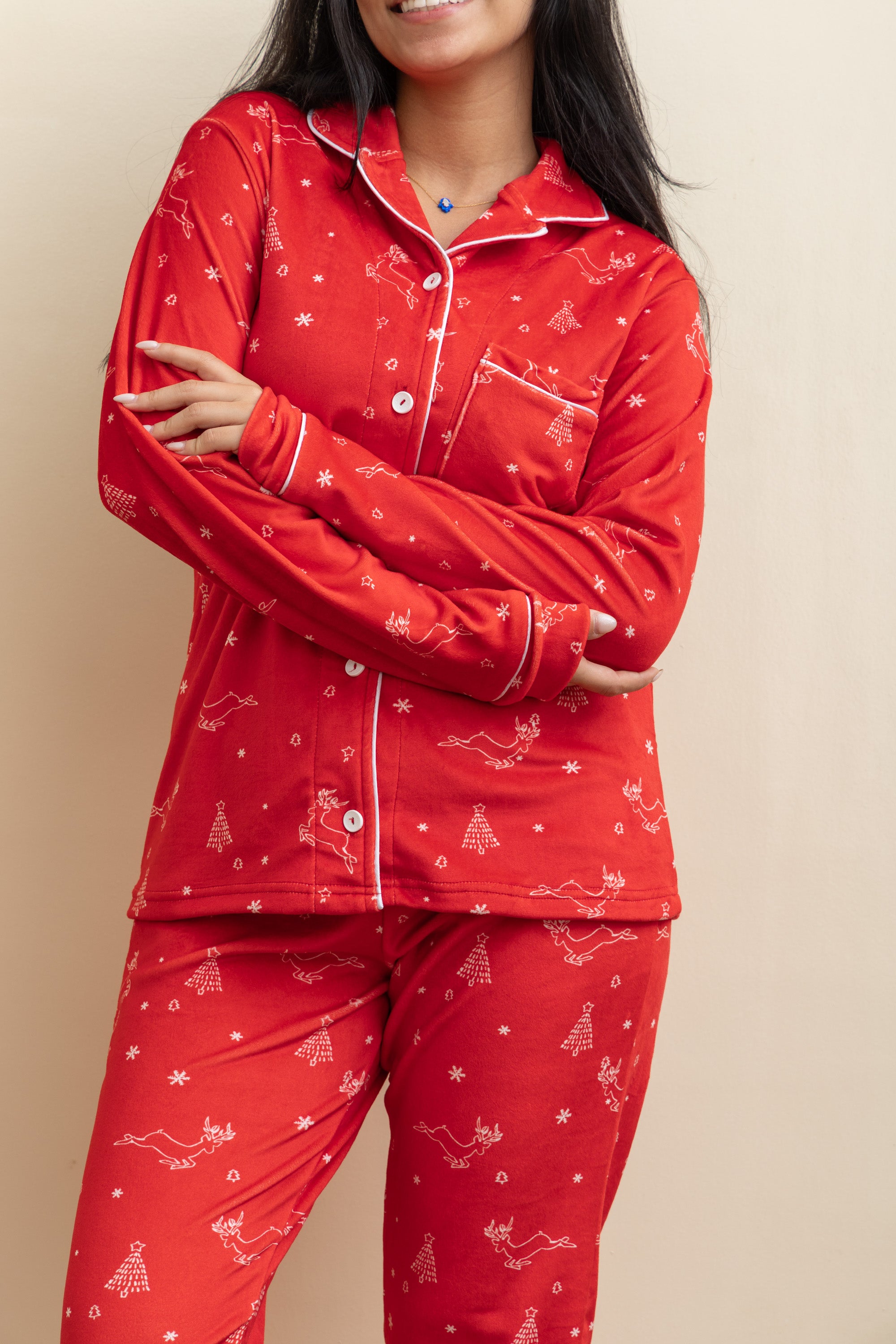 Red Velvet-Touch Christmas Buttoned Pajama