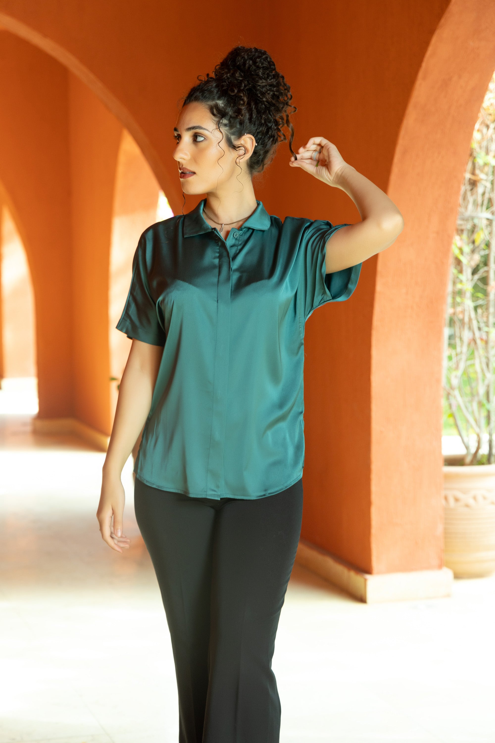 Image of Green Shine On Satin Blouse